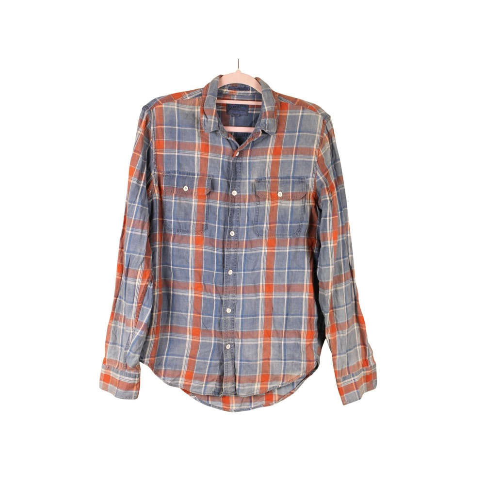 Lucky Brand Grunge Preppy Cabincore Fall Axe Indigo Blue Orange Plaid Shirt S
